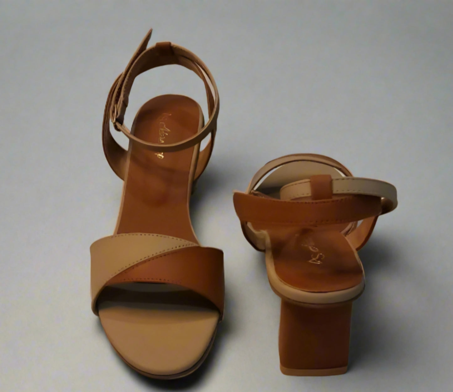 Two-Tone Block Heel Sandals – Tan & Beige