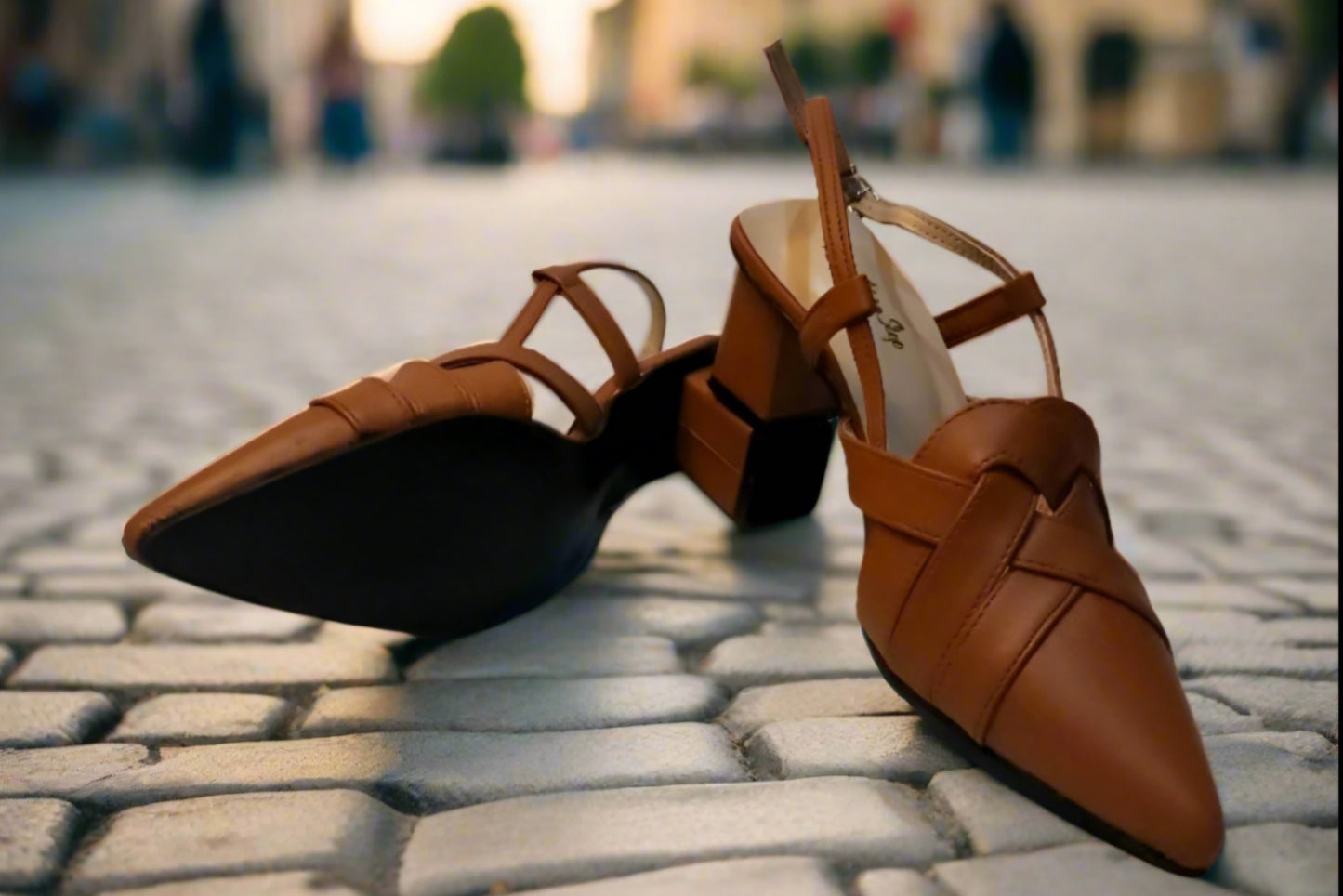Classic Tan Woven Block Heel Slingbacks – Pointed Toe Elegance