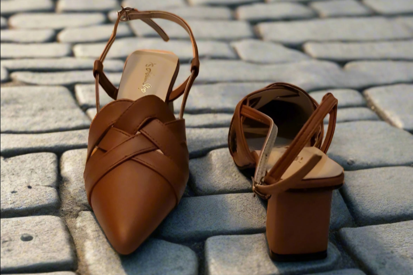 Classic Tan Woven Block Heel Slingbacks – Pointed Toe Elegance