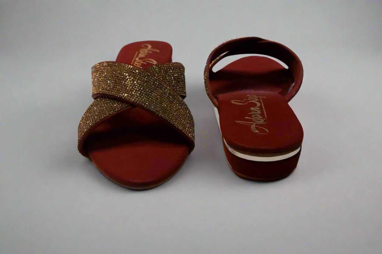 Crimson Glam Cross-Strap Slides with Gold Glitter Finish