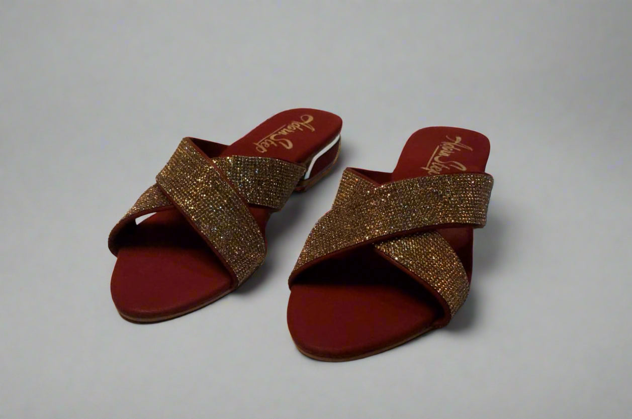 Crimson Glam Cross-Strap Slides with Gold Glitter Finish