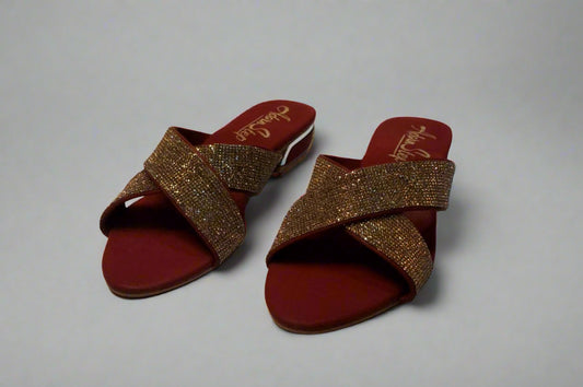 Crimson Glam Cross-Strap Slides with Gold Glitter Finish