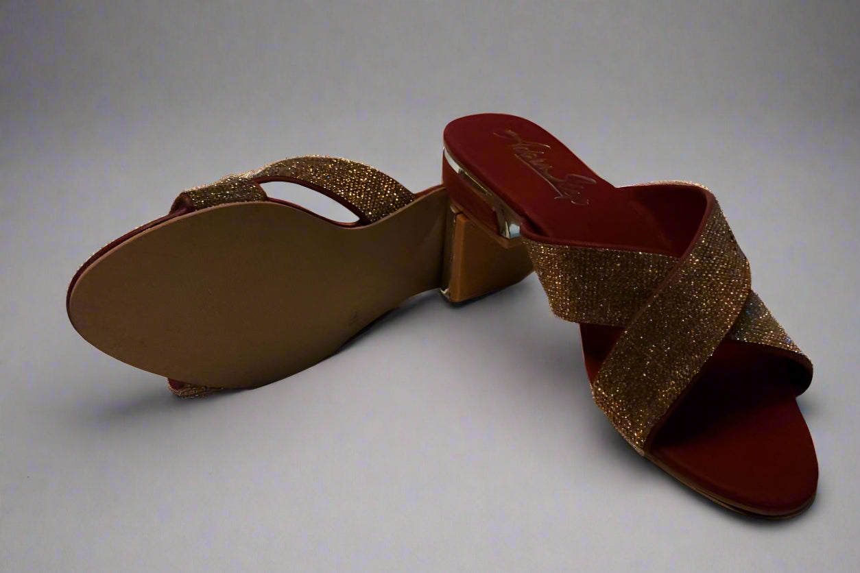 Crimson Glam Cross-Strap Slides with Gold Glitter Finish