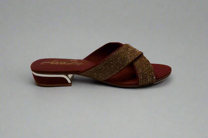 Crimson Glam Cross-Strap Slides with Gold Glitter Finish