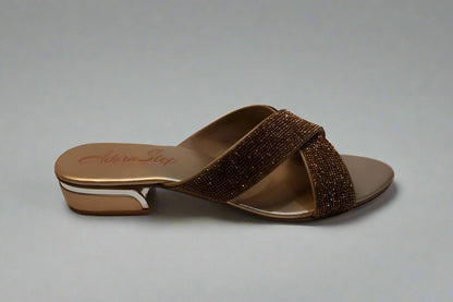 Champagne Luxe Cross-Strap Slides with Crystal Detailing