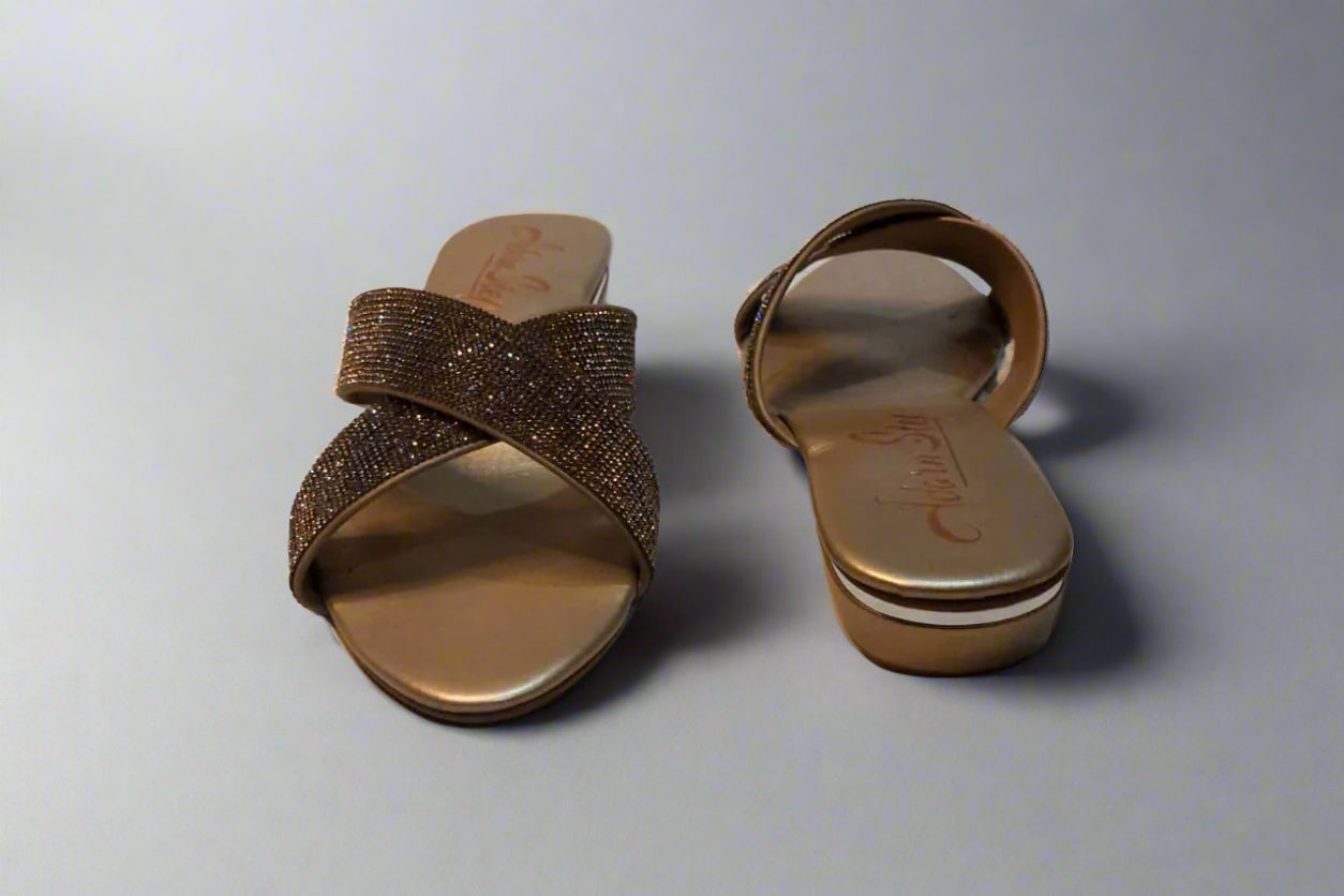 Champagne Luxe Cross-Strap Slides with Crystal Detailing