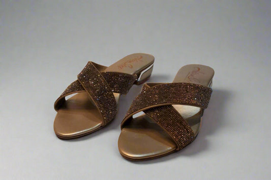 Champagne Luxe Cross-Strap Slides with Crystal Detailing