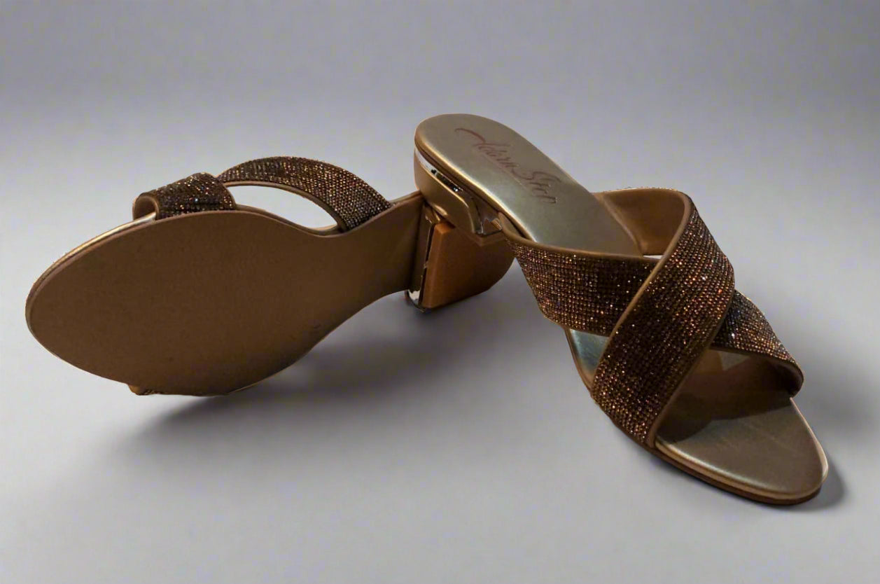 Champagne Luxe Cross-Strap Slides with Crystal Detailing