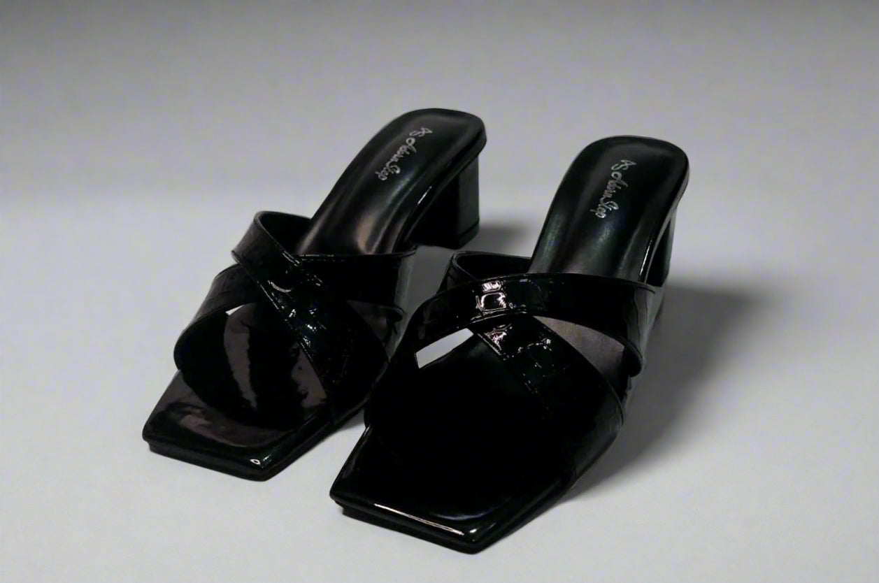 Glossy Black Criss-Cross Block Heels – Slip-On Sandals
