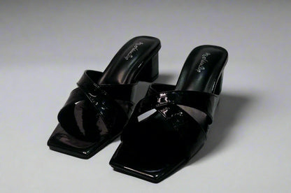 Glossy Black Criss-Cross Block Heels – Slip-On Sandals
