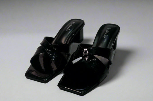 Glossy Black Criss-Cross Block Heels – Slip-On Sandals