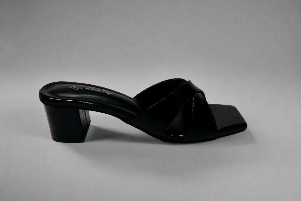 Glossy Black Criss-Cross Block Heels – Slip-On Sandals