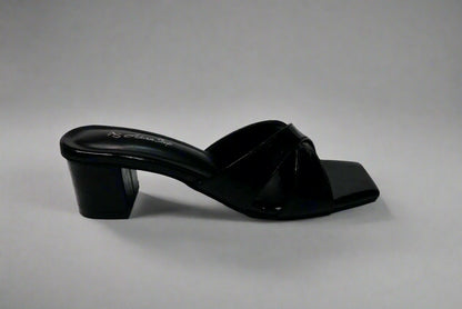 Glossy Black Criss-Cross Block Heels – Slip-On Sandals