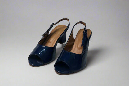 Elegant Navy Blue Patent Leather Slingback Heels – Open Toe Design