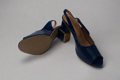 Elegant Navy Blue Patent Leather Slingback Heels – Open Toe Design