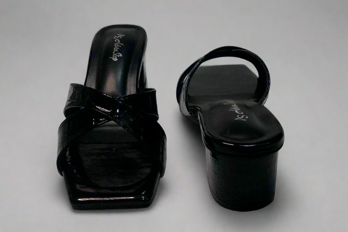 Glossy Black Criss-Cross Block Heels – Slip-On Sandals