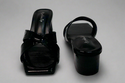 Glossy Black Criss-Cross Block Heels – Slip-On Sandals