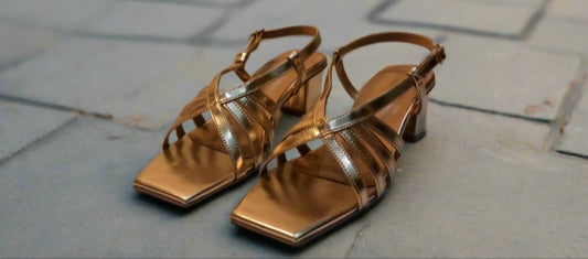 Elegant Gold Strappy Block Heel Sandals – Square Toe Design